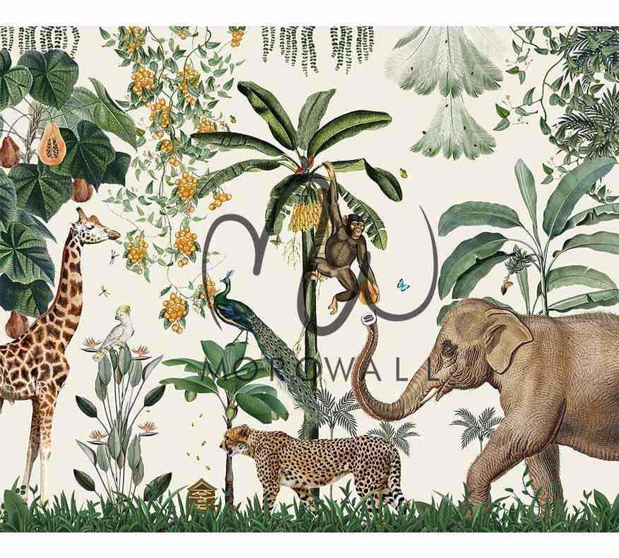 Papier peint jungle avec éléphant, girafe, singe, guépard et feuillage exotique décoratif.