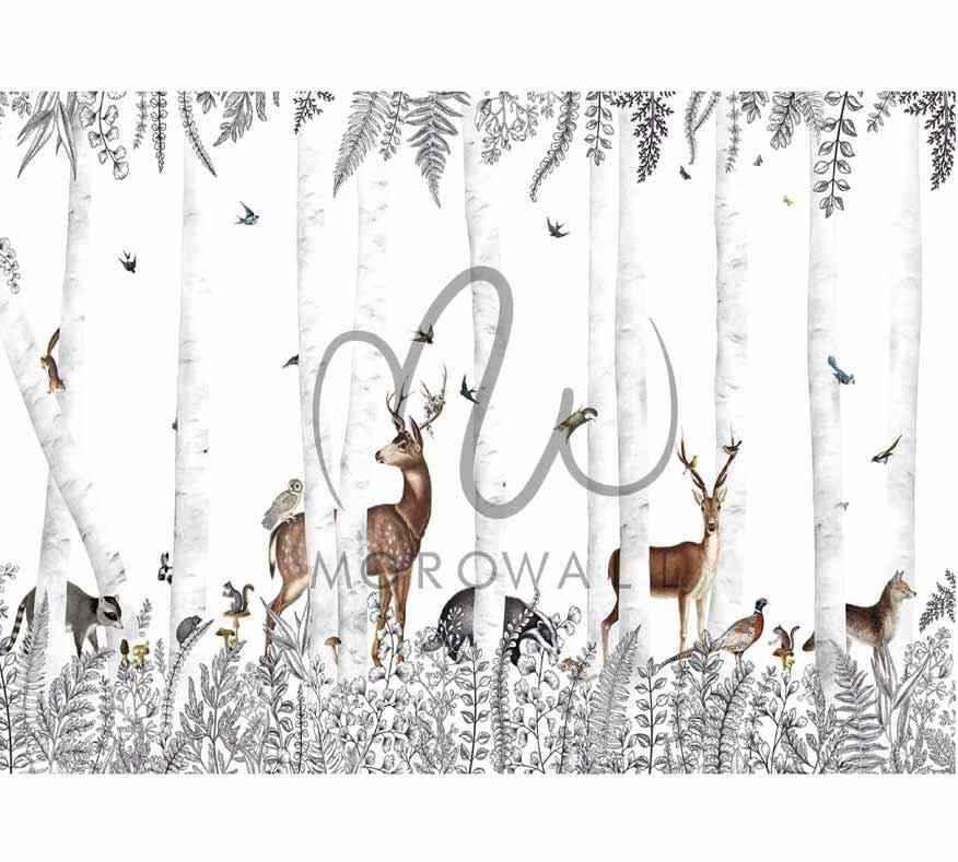 Papier peint forêt avec cerfs, arbres bouleaux, oiseaux et renard, décor mural nature.