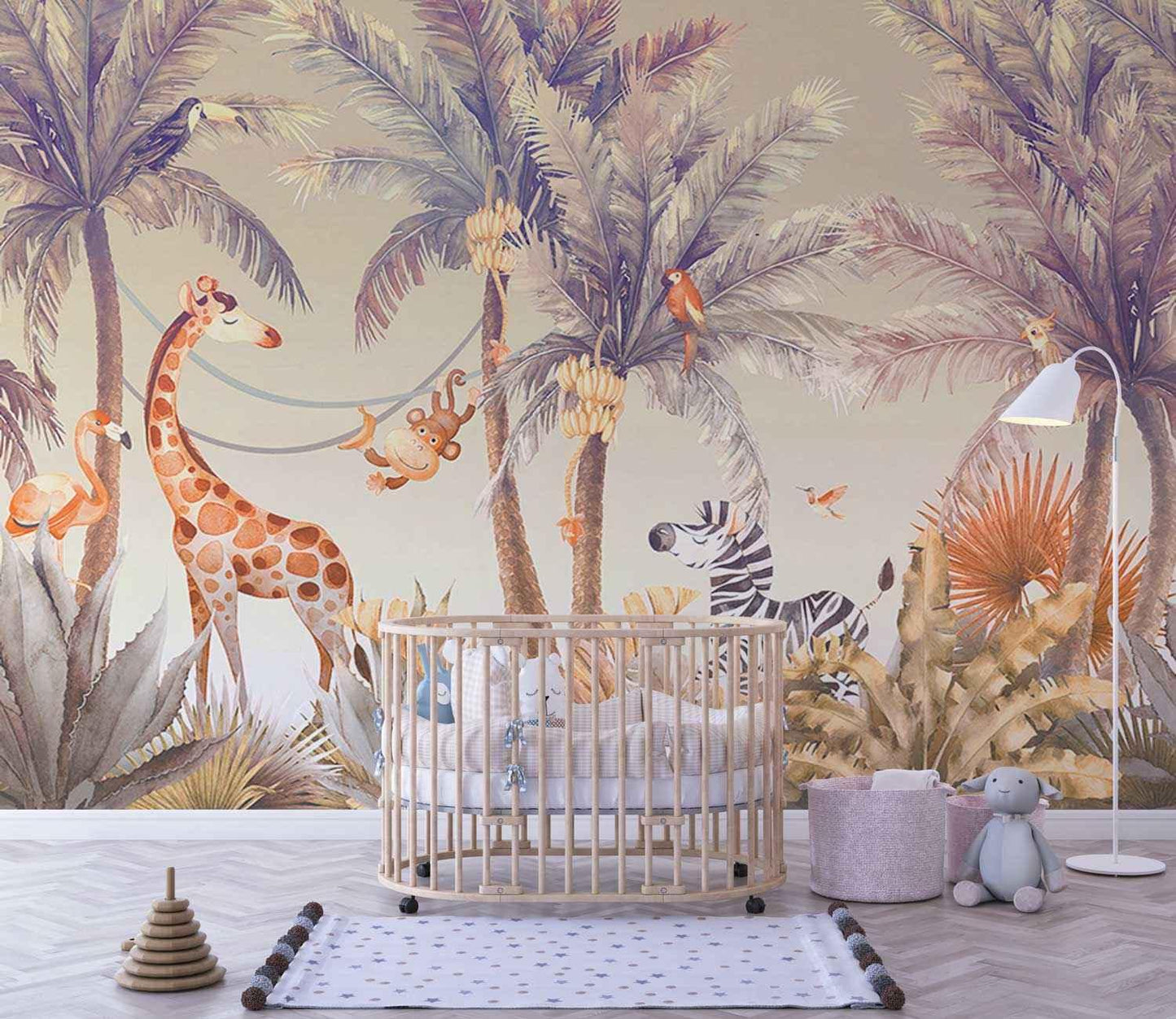 Papier peint sur mesure jungle tropicale animaux pour chambre bébé, girafe, zèbre, singe, palmiers