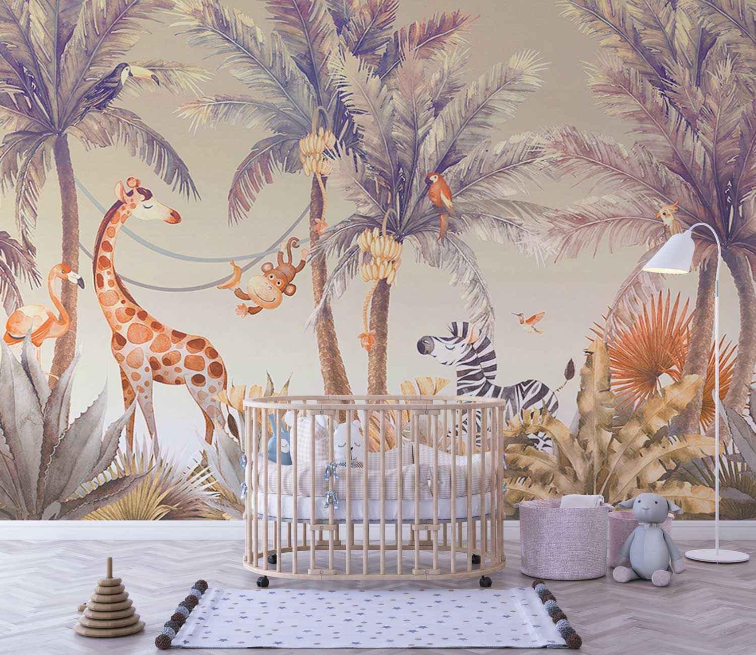 Papier peint sur mesure jungle tropicale animaux pour chambre bébé, girafe, zèbre, singe, palmiers