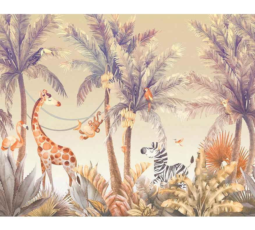Papier peint jungle tropicale avec girafe, zèbre, singe et oiseaux colorés, décor mural exotique.
