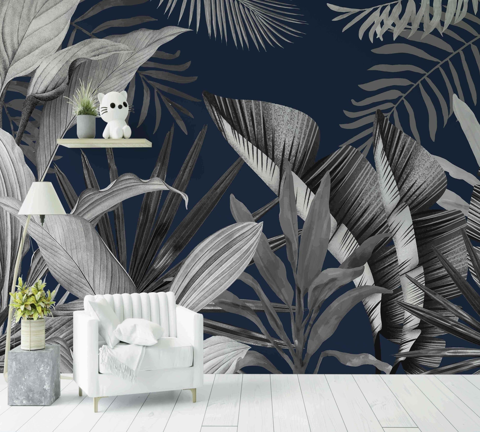 Papier Peint Blue and grey leaves - Morowall