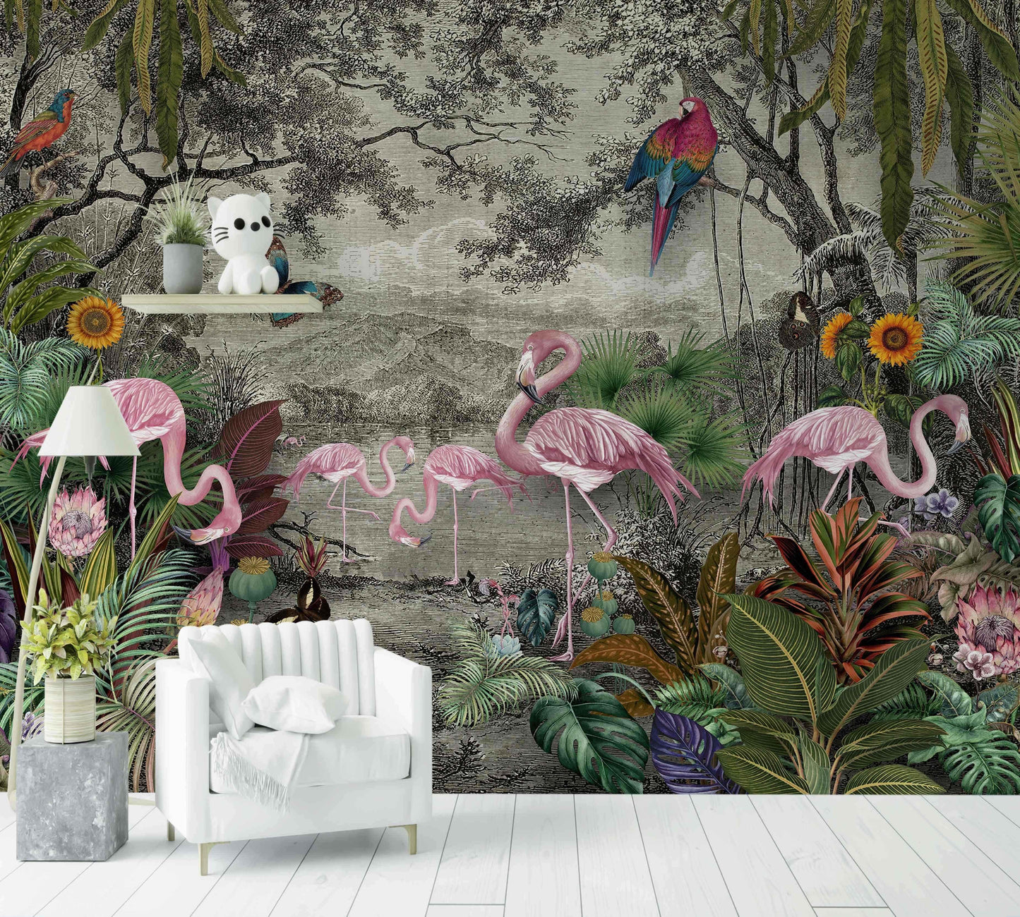 Papier peint mural flamants roses dans la jungle avec plantes tropicales colorées