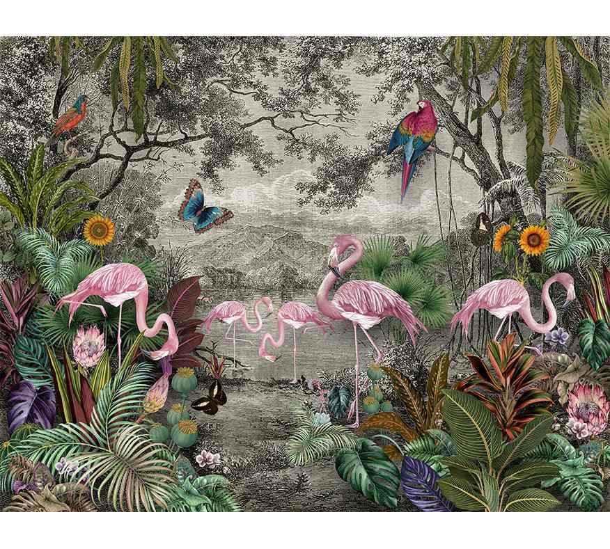 Papier peint exotique avec flamants roses, feuillage tropical et perroquets colorés dans la jungle