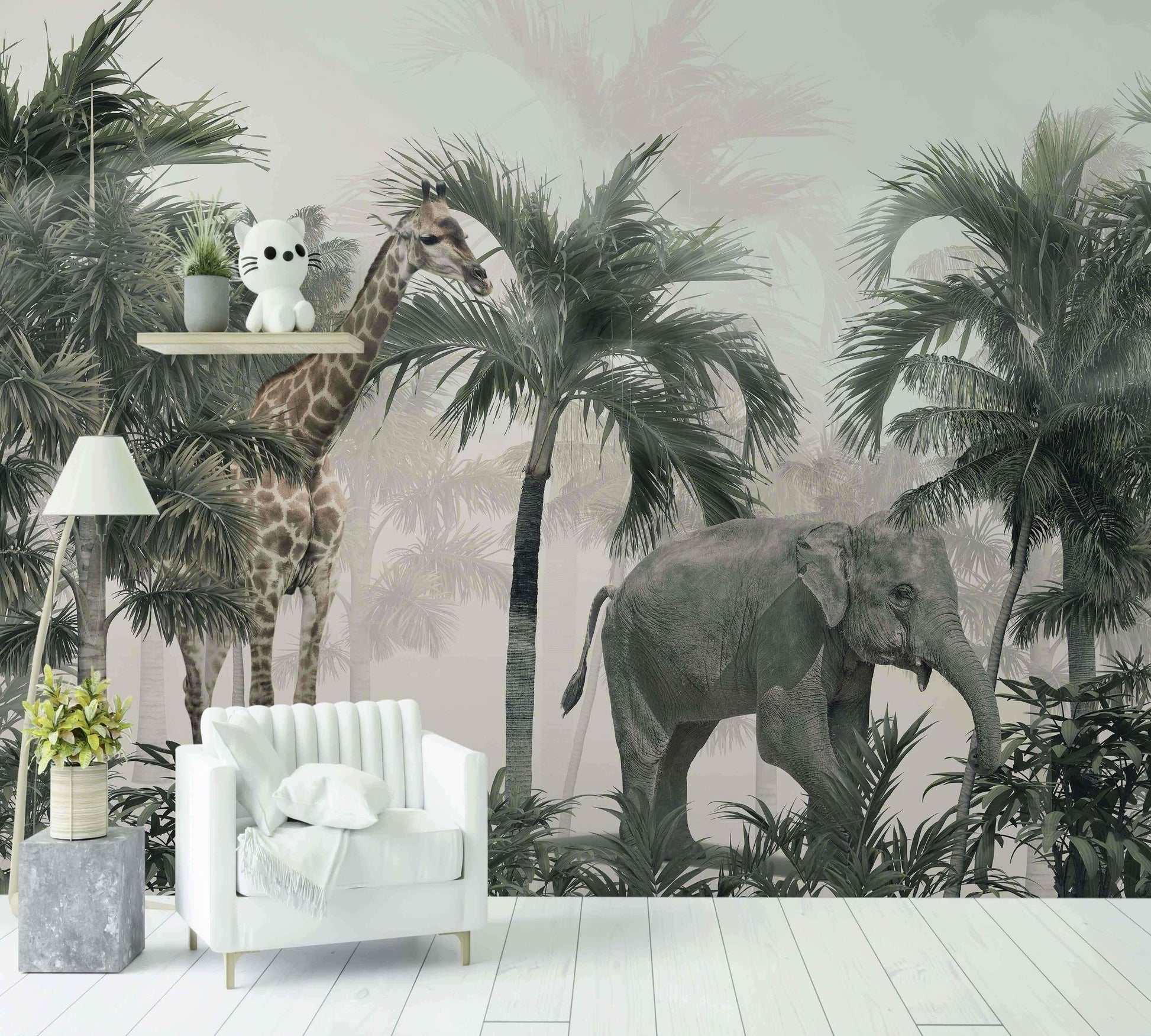 Papier peint mural avec girafe et éléphant dans une jungle tropicale, salon moderne