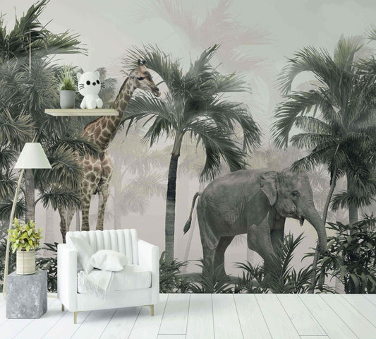 Papier Peint Girafe and Elephant - Morowall