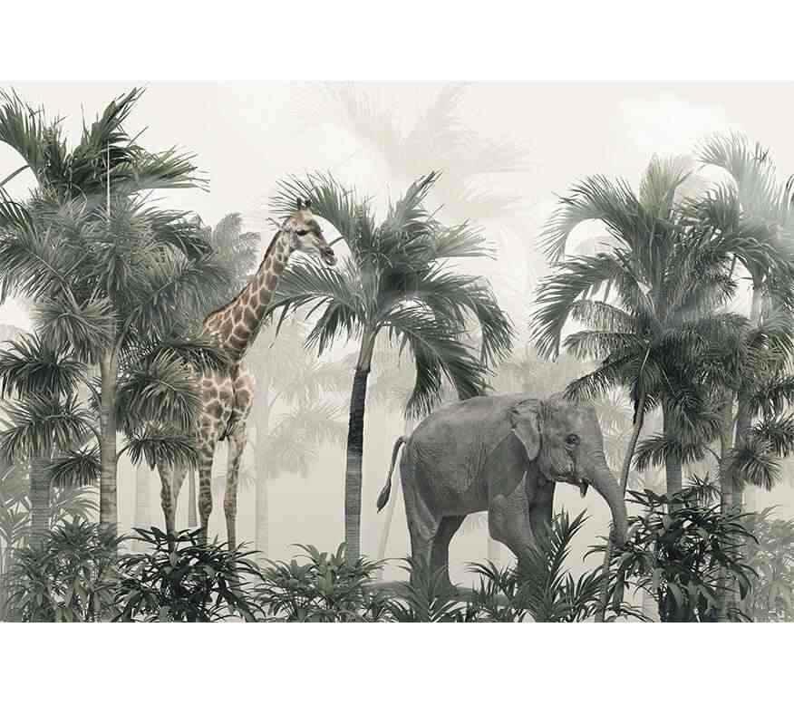 Papier peint panoramique girafe et éléphant dans une jungle exotique, décoration murale design