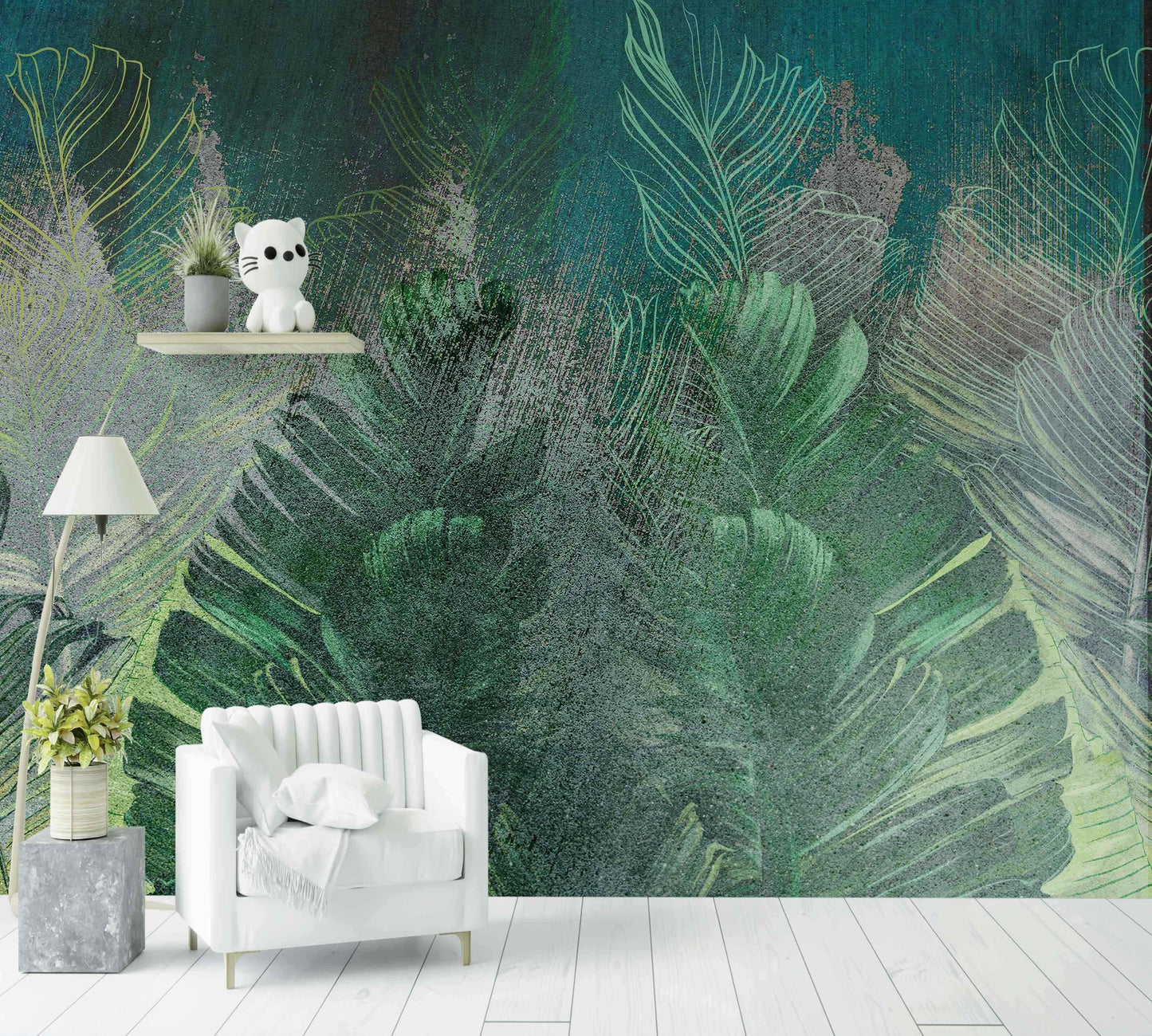Papier peint végétal vert à motifs de grandes feuilles pour salon moderne, ambiance nature