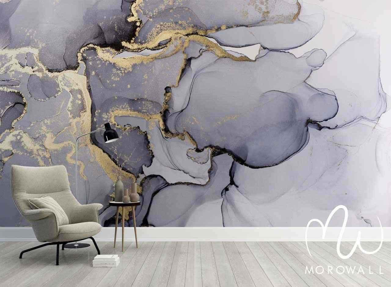 Papier peint effet marbre gris et doré, décor mural moderne pour salon élégant