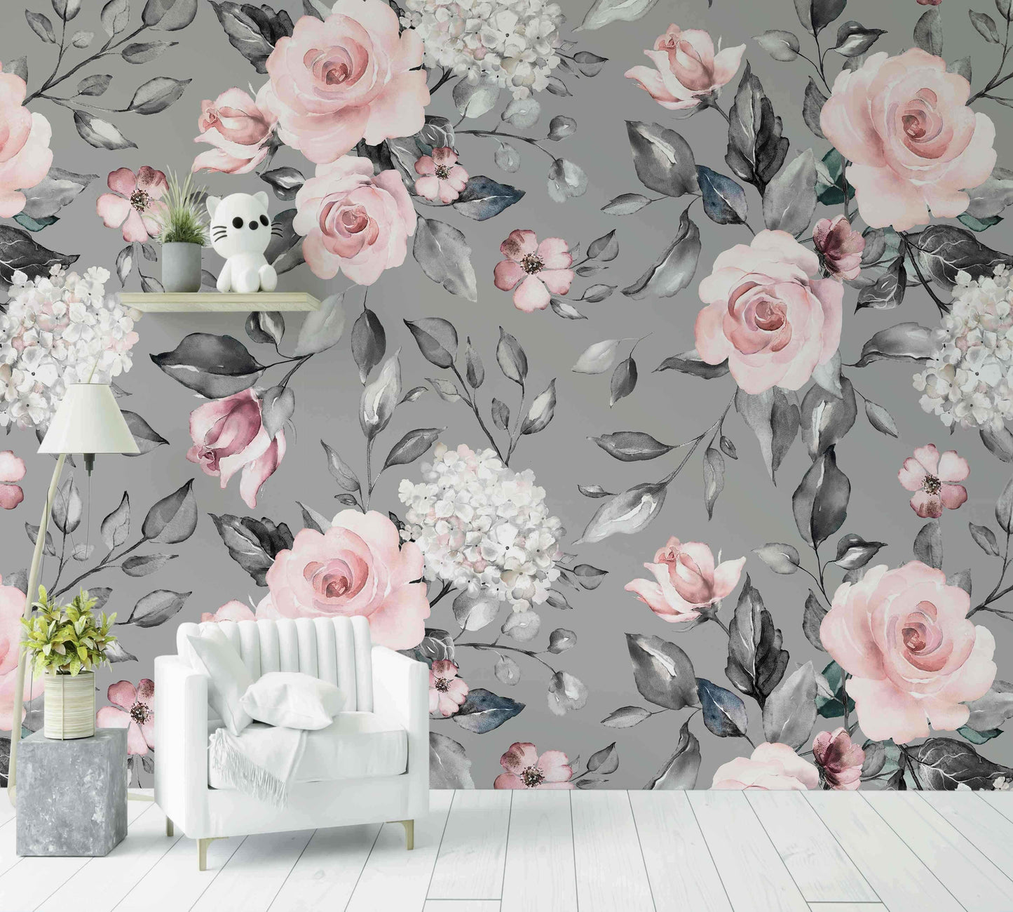 Papier peint floral gris et rose, motif fleurs pour décoration salon moderne