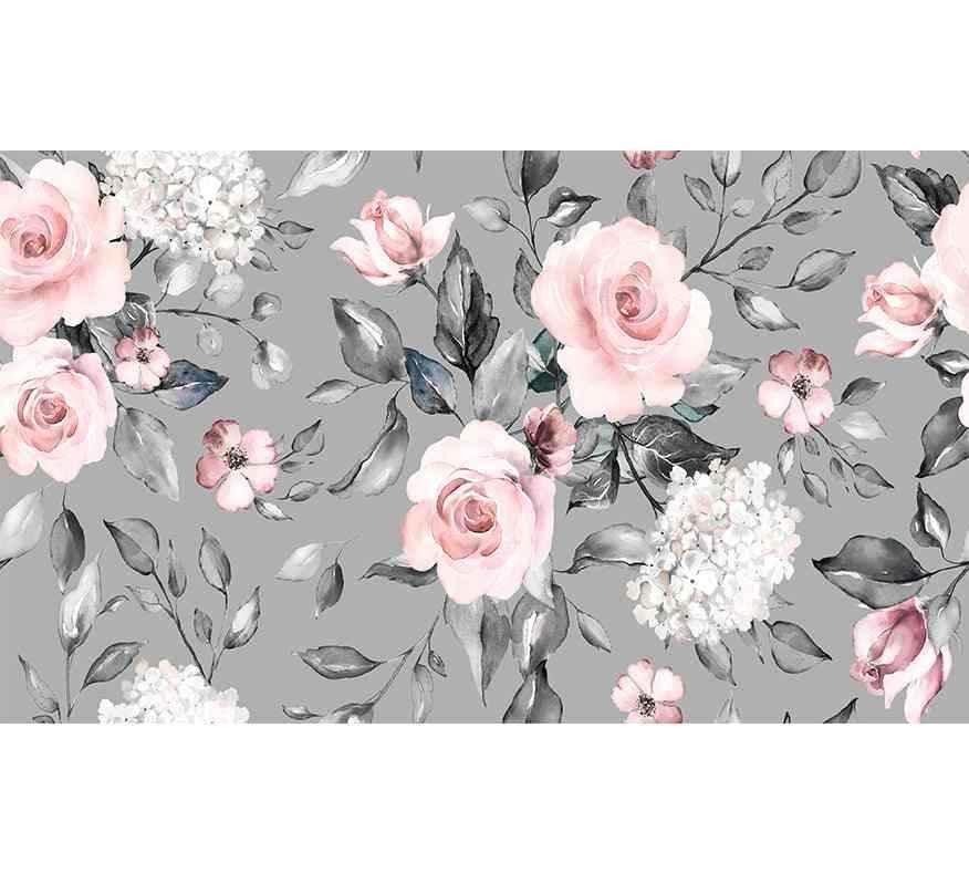 Papier peint floral gris avec fleurs roses et blanches, décoration murale élégante