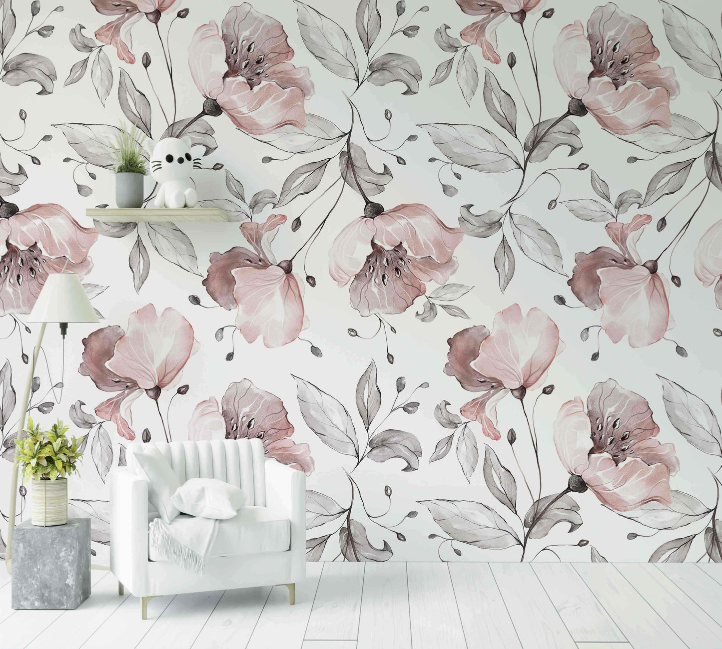 Papier peint fleurs gris rose décoratif pour salon moderne, motif floral élégant