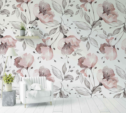 Papier Peint Grey pink Flowers - Morowall