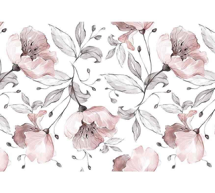 Papier peint floral gris et rose avec grandes fleurs et feuilles aquarelles décoratives