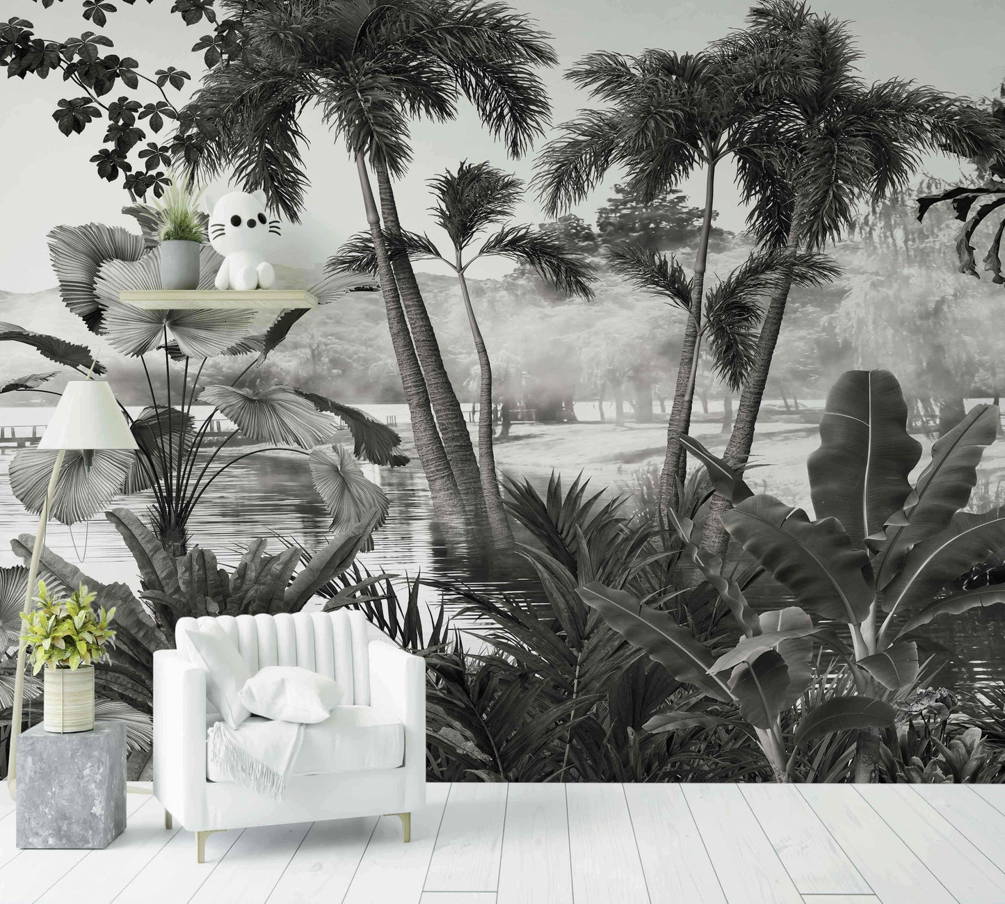Papier peint panoramique jungle tropicale noir et blanc avec palmiers et plantes exotiques, décor salon