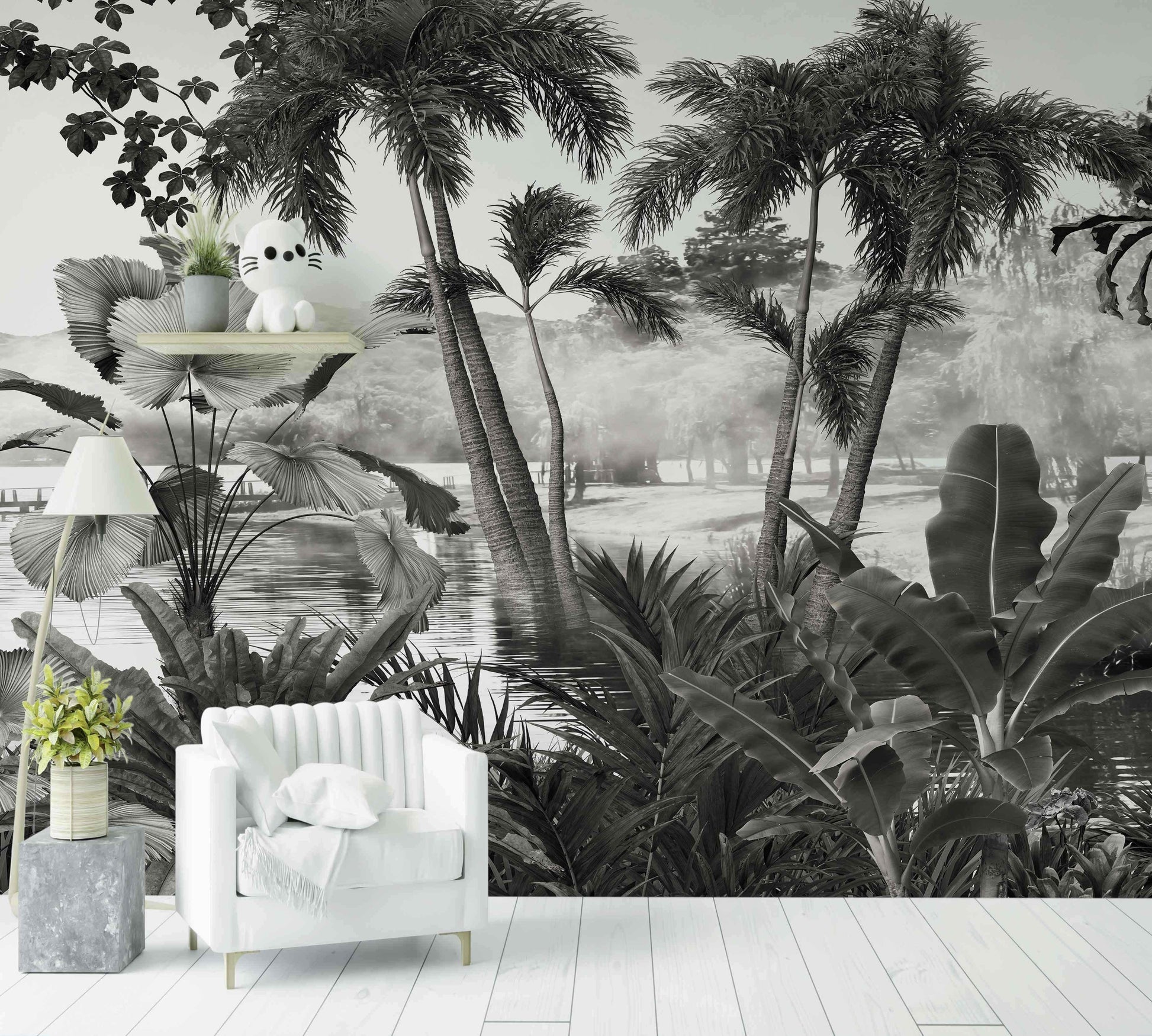 Papier peint panoramique jungle tropicale noir et blanc avec palmiers et plantes exotiques, décor salon