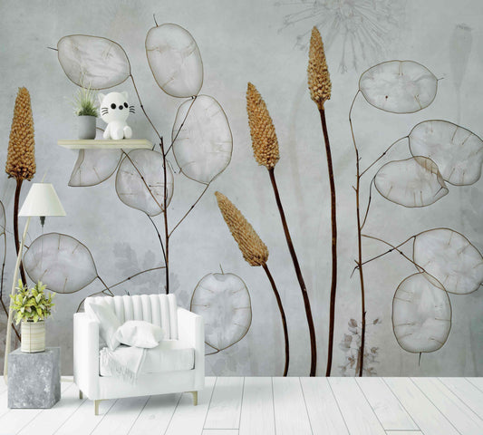Papier peint floral beige et blanc avec feuilles et épis, décor mural pour salon moderne