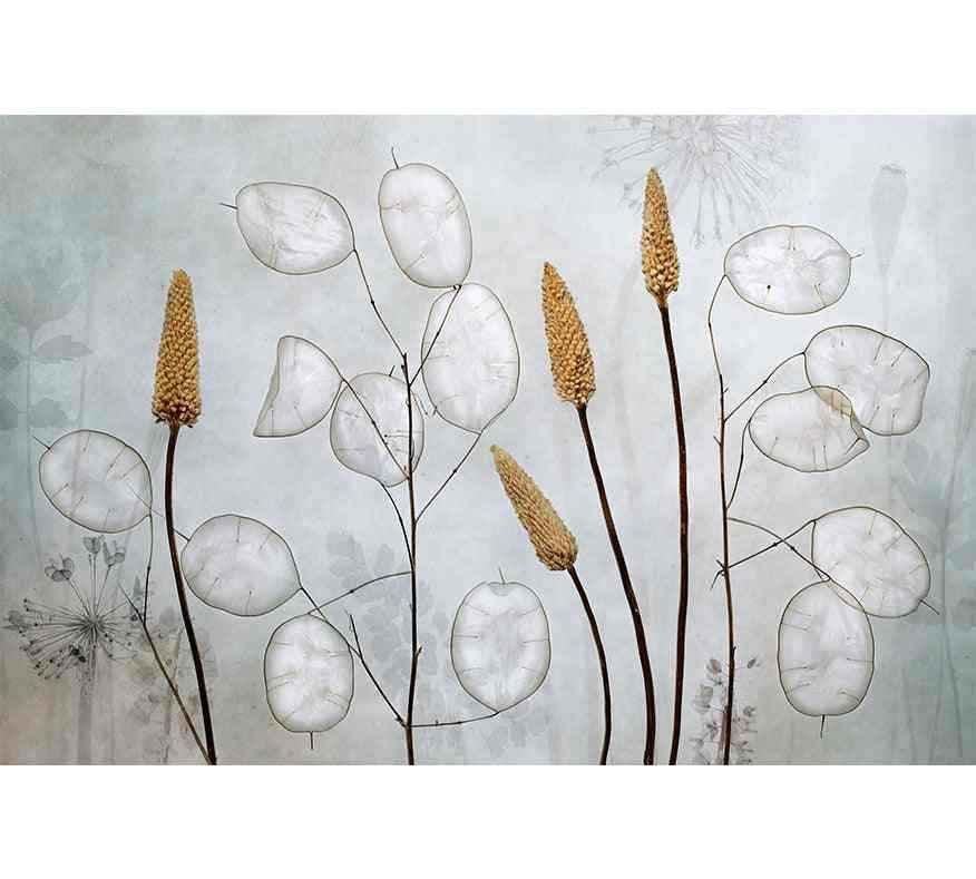Papier peint nature florale avec tiges dorées et feuilles transparentes, déco murale moderne