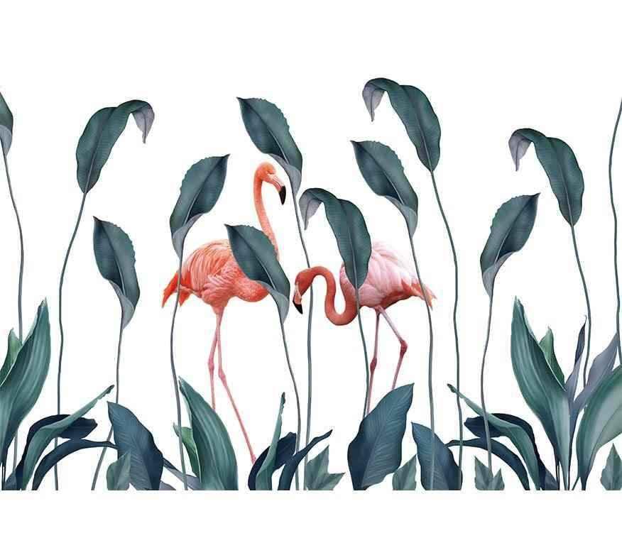 Papier peint décoratif avec flamants roses et feuilles tropicales sur fond blanc