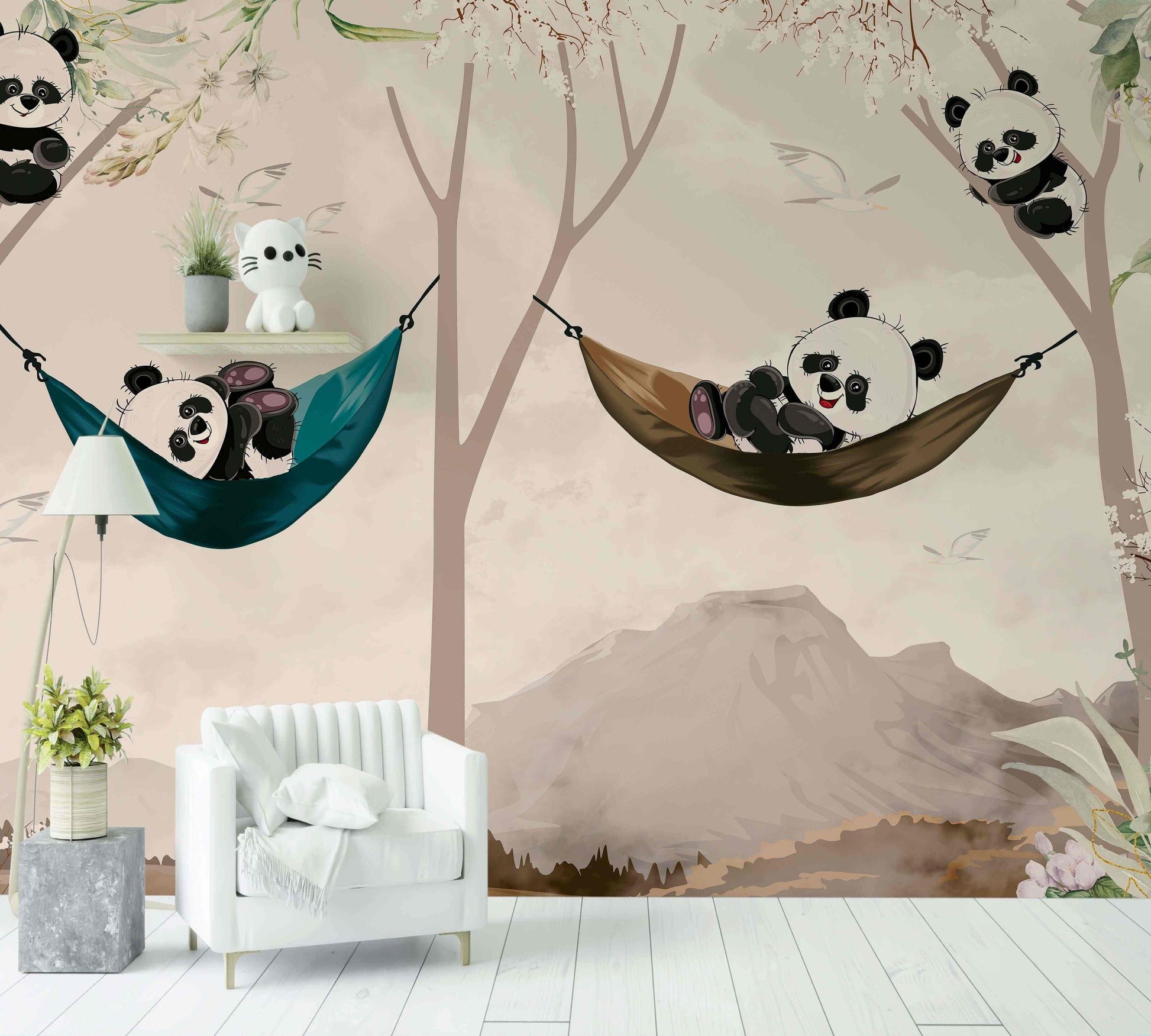 Papier peint chambre enfant avec pandas mignons dans des hamacs, décor mural nature