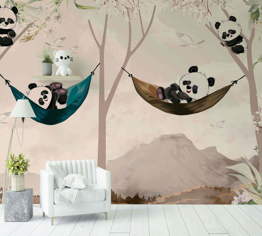 Papier peint chambre enfant avec pandas mignons dans des hamacs, décor mural nature