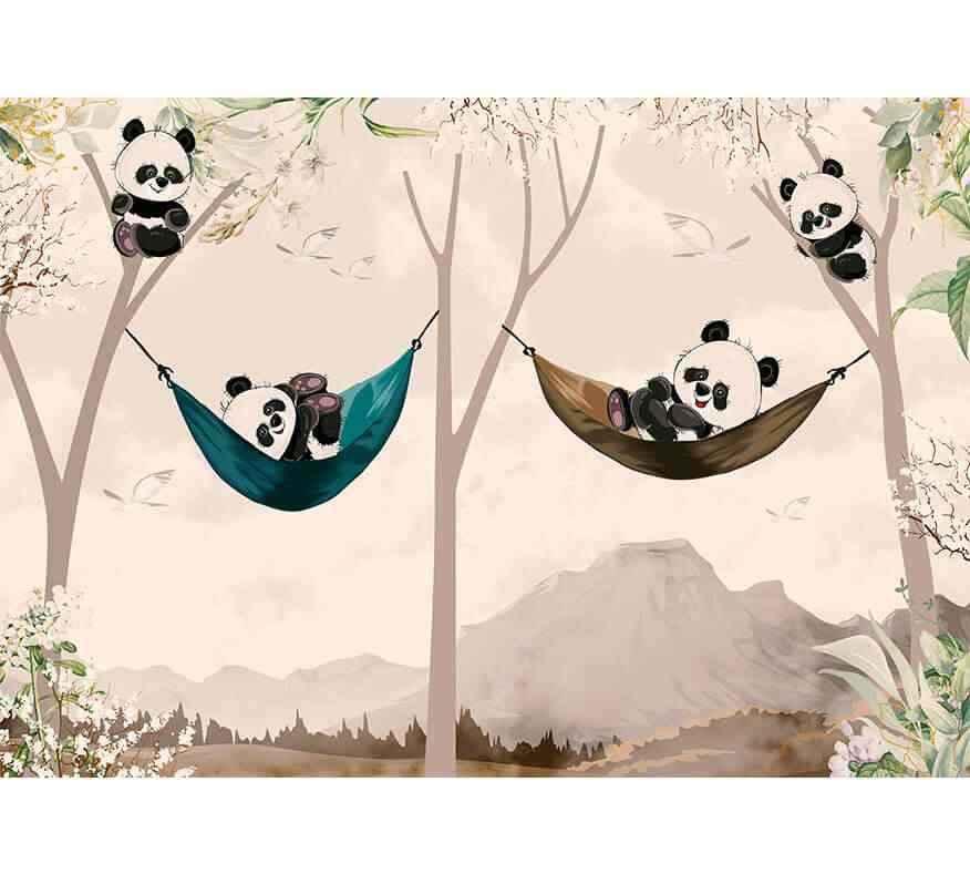 Papier peint enfant motif pandas mignons dans des hamacs, décor nature, chambre bébé