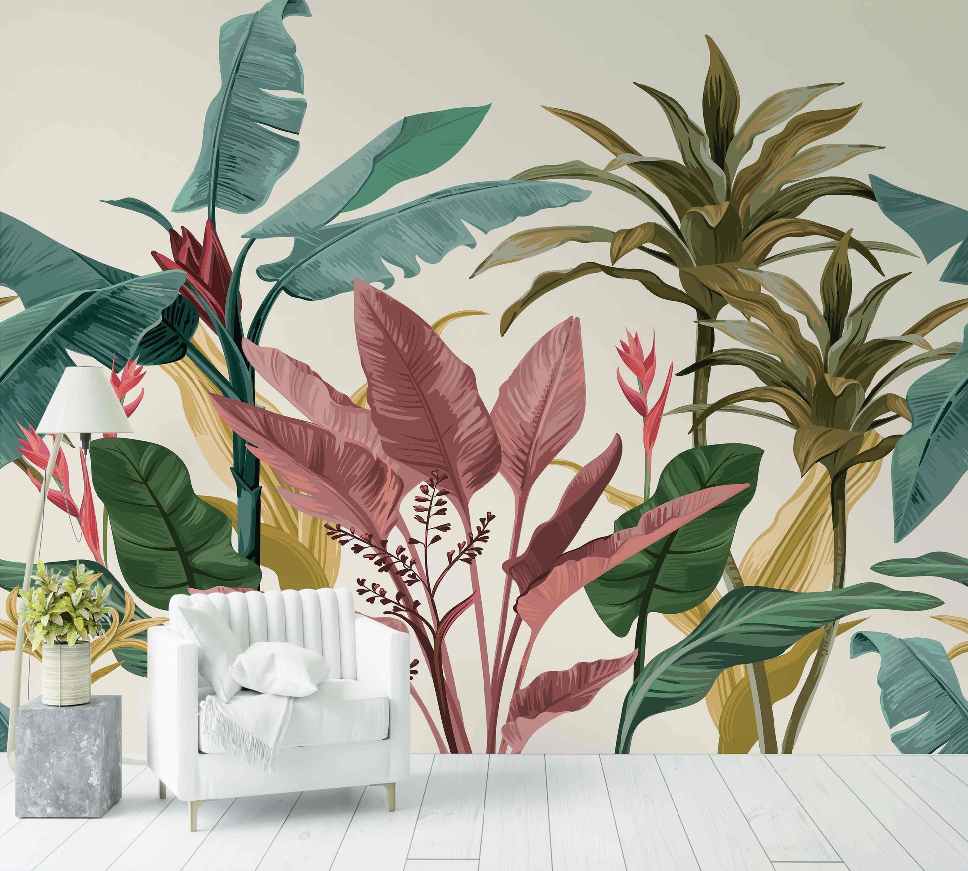Papier peint nature tropicale avec grandes feuilles colorées pour salon moderne