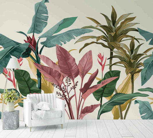 Papier peint nature tropicale avec grandes feuilles colorées pour salon moderne