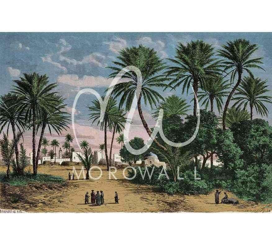 Papier peint paysage oasis avec palmiers, ciel bleu et habitations blanches marocaines
