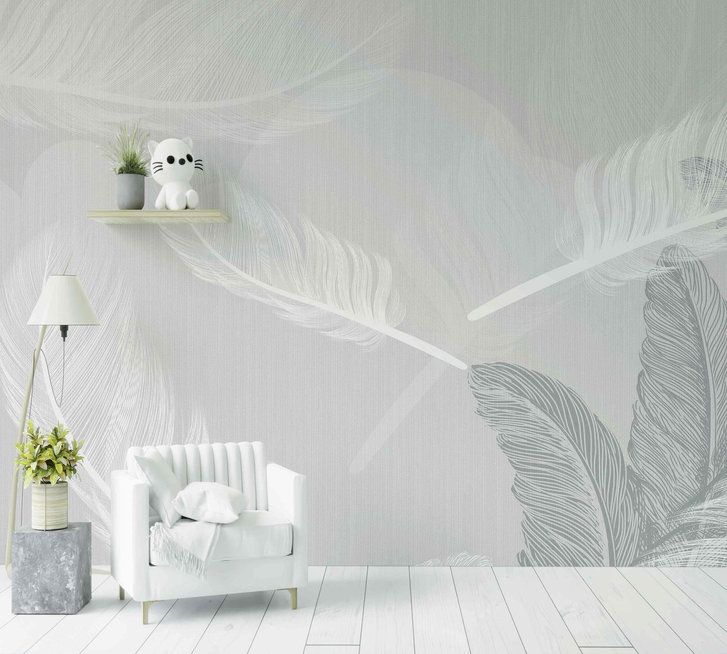 Papier peint plume blanc gris moderne, salon avec fauteuil blanc, déco scandinave élégante