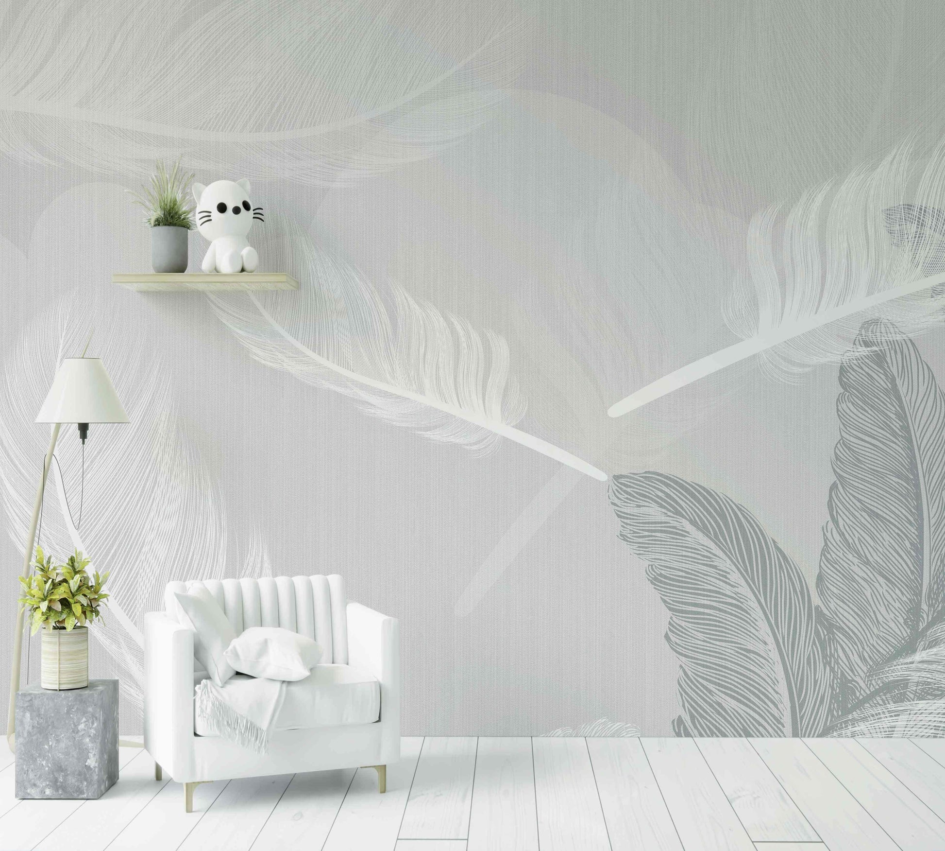 Papier peint plume blanc gris moderne, salon avec fauteuil blanc, déco scandinave élégante