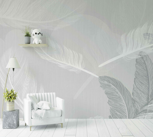 Papier peint plume blanc gris moderne, salon avec fauteuil blanc, déco scandinave élégante