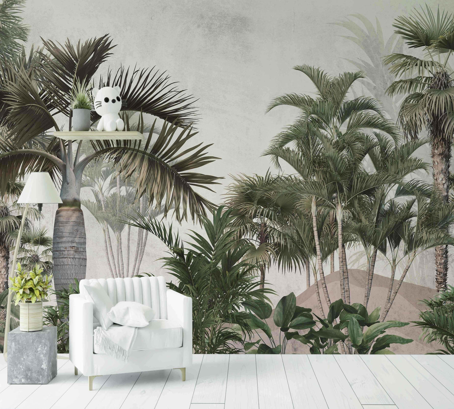 Papier peint motif palmiers exotiques dans un salon moderne, décor tropical, intérieur marocain.