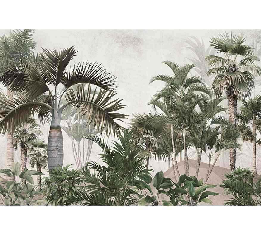 Papier peint panoramique avec palmiers verts et feuillage exotique, ambiance tropicale.