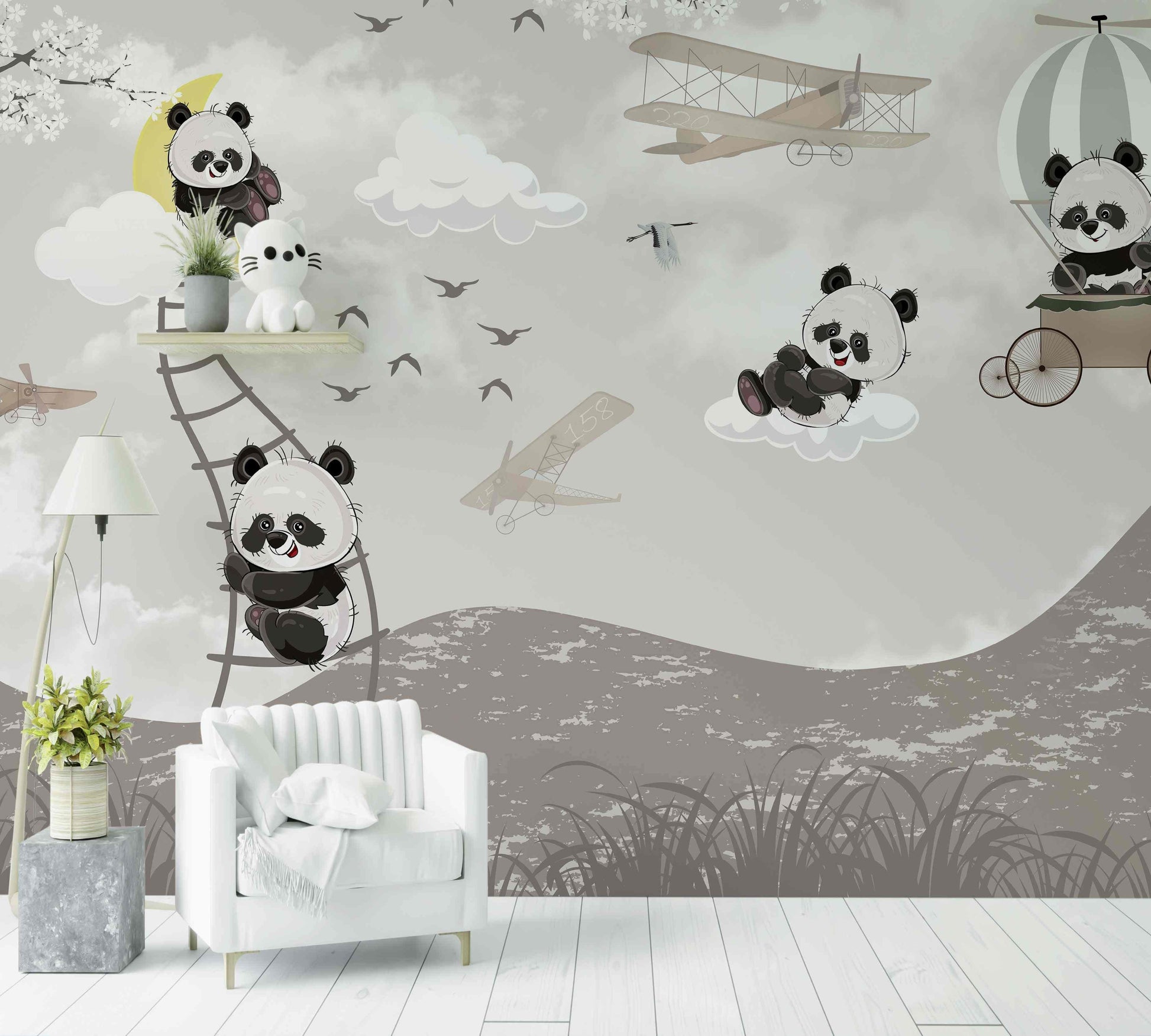 Papier peint enfant chambre avec pandas mignons, ballons, avions et ciel nuageux décoratif.