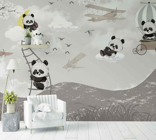 Papier peint enfant chambre avec pandas mignons, ballons, avions et ciel nuageux décoratif.