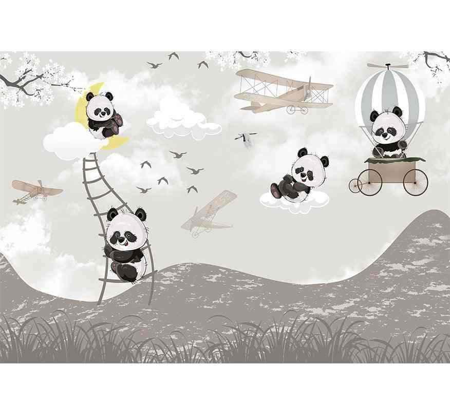 Papier peint enfant avec pandas mignons sur nuages, ballon et avions, décor paysage rêveur