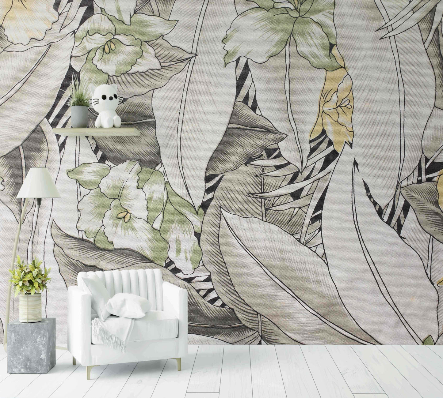 Papier peint vintage fleurs et feuilles pastel, décor mural salon moderne