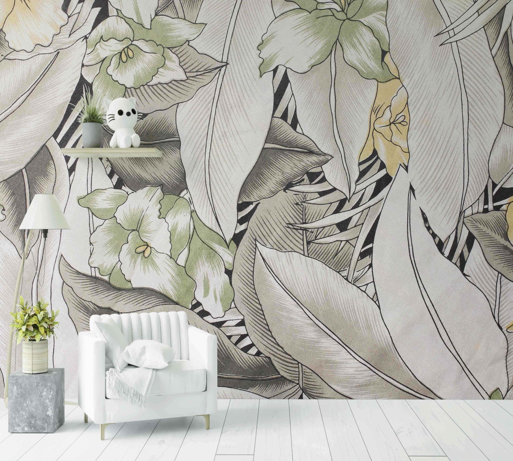 Papier peint vintage fleurs et feuilles pastel, décor mural salon moderne