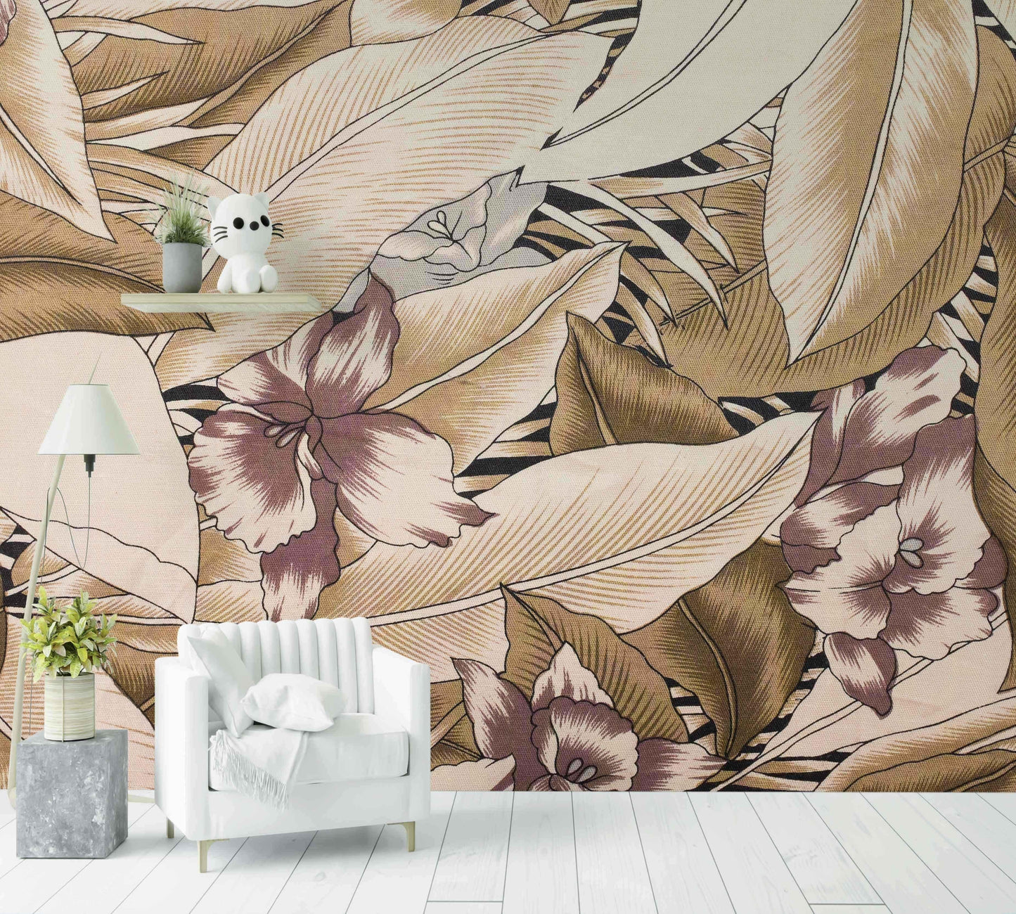 Papier peint avec fleurs jaunes et feuilles, décor mural floral pour salon
