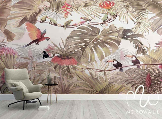 Papier peint tropical avec perroquets, toucans et feuillage exotique, décoration murale salon.