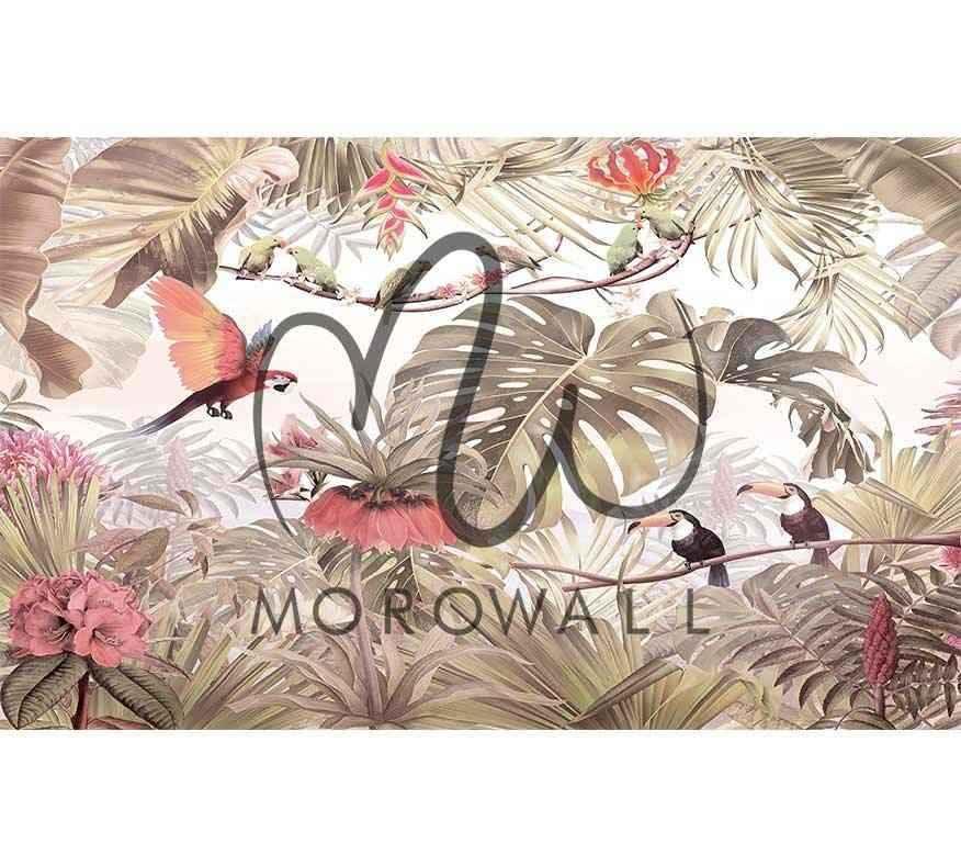 Papier peint tropical avec perroquet, toucans et feuillage jungle, motif mural exotique.