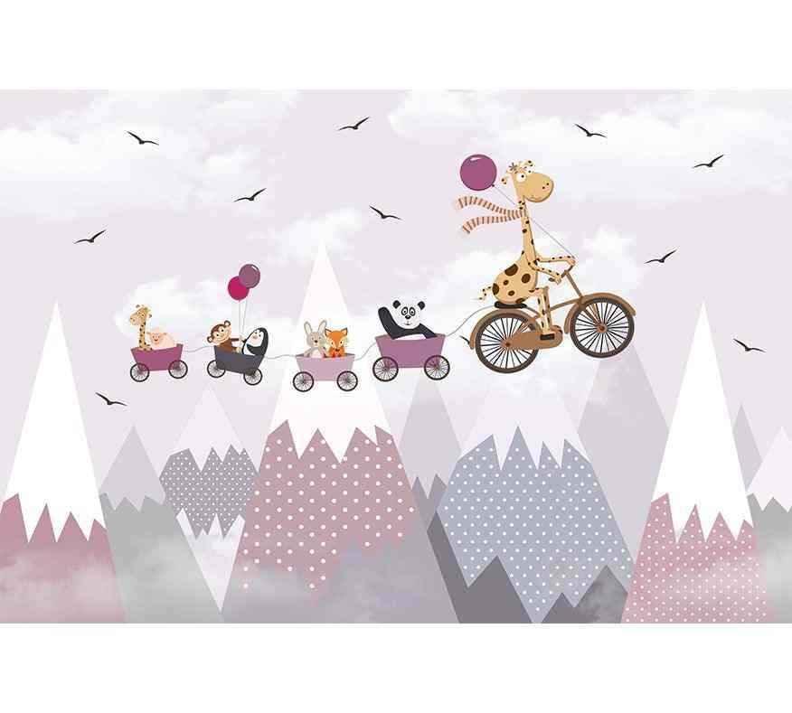 Papier peint enfant motif girafe rose sur vélo volant, animaux, montagnes pastel, déco chambre