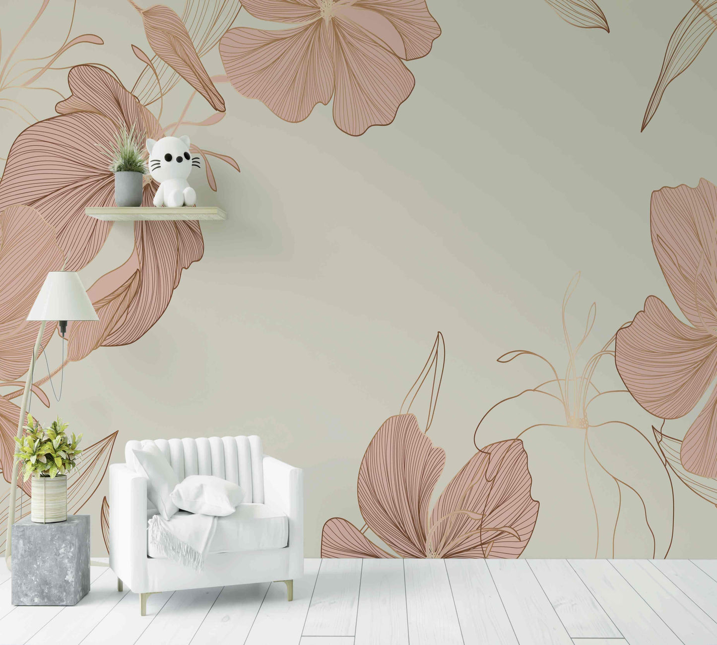 Papier peint fleurs roses et dorées, salon moderne, décoration murale élégante