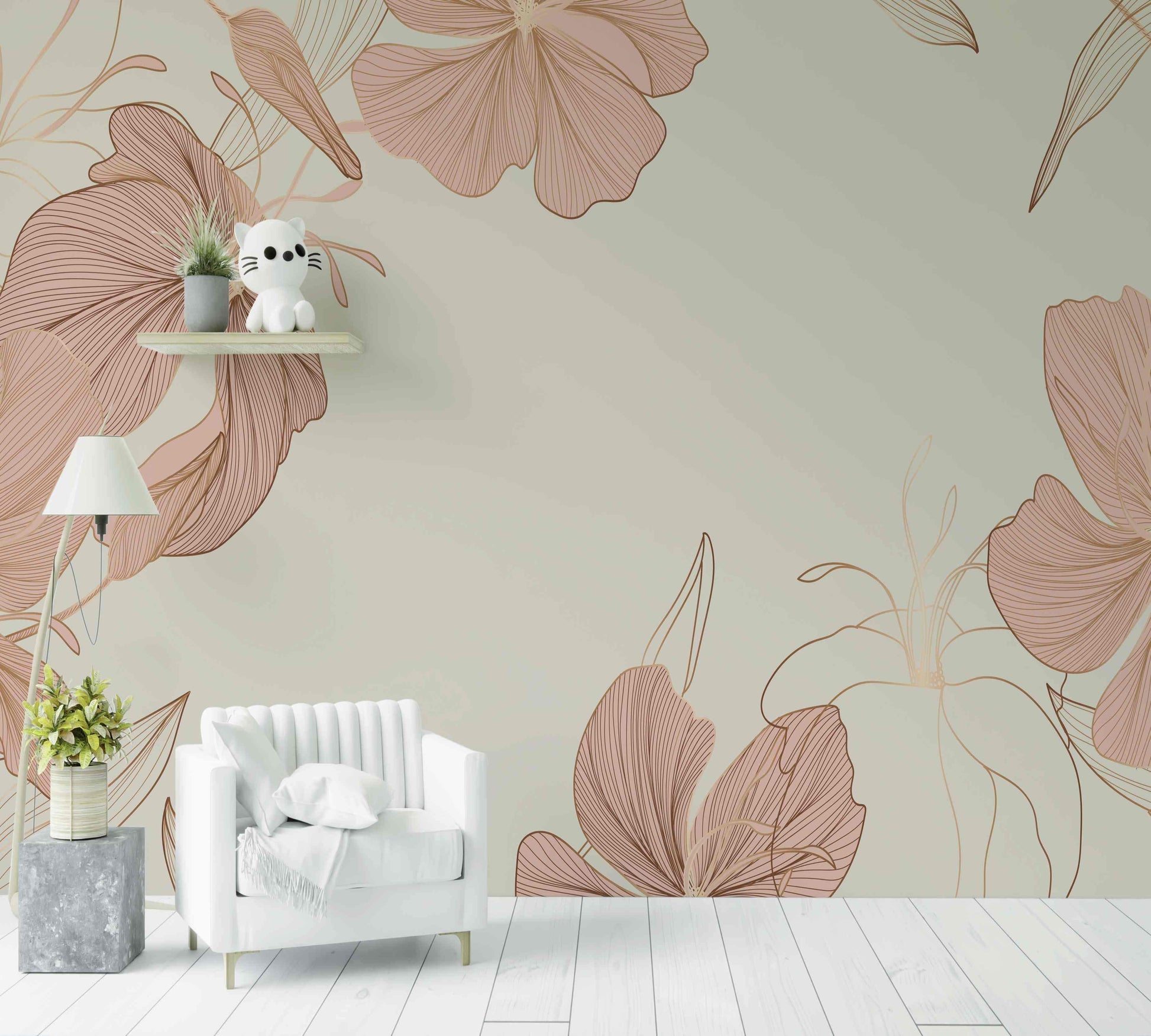 Papier peint fleurs roses et dorées, salon moderne, décoration murale élégante