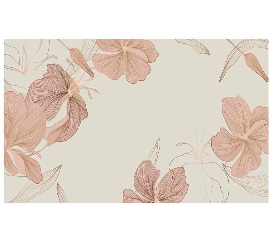 Papier peint fleurs roses et dorées sur fond beige, design floral élégant pour décoration murale.