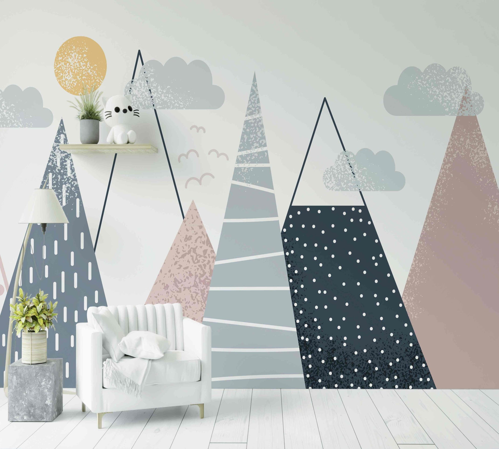 Papier peint scandinave motif montagnes pastel pour salon ou chambre moderne