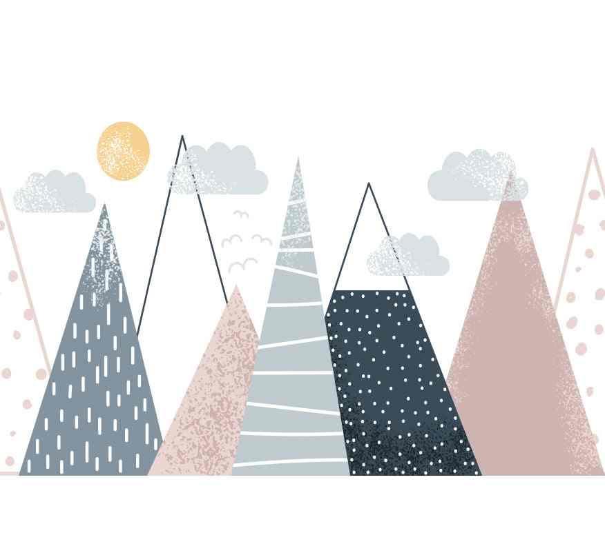 Papier peint scandinave motif montagnes pastel, nuages et soleil décoratif pour chambre.