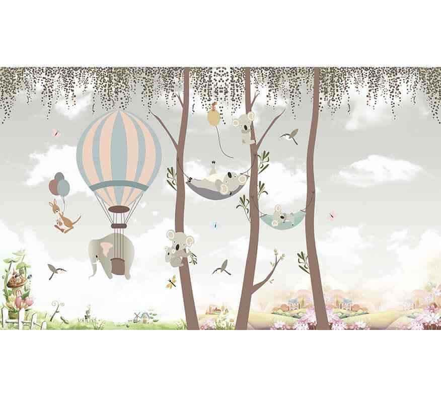 Papier peint enfant avec koalas, éléphant en montgolfière et arbres, décor mural chambre bébé