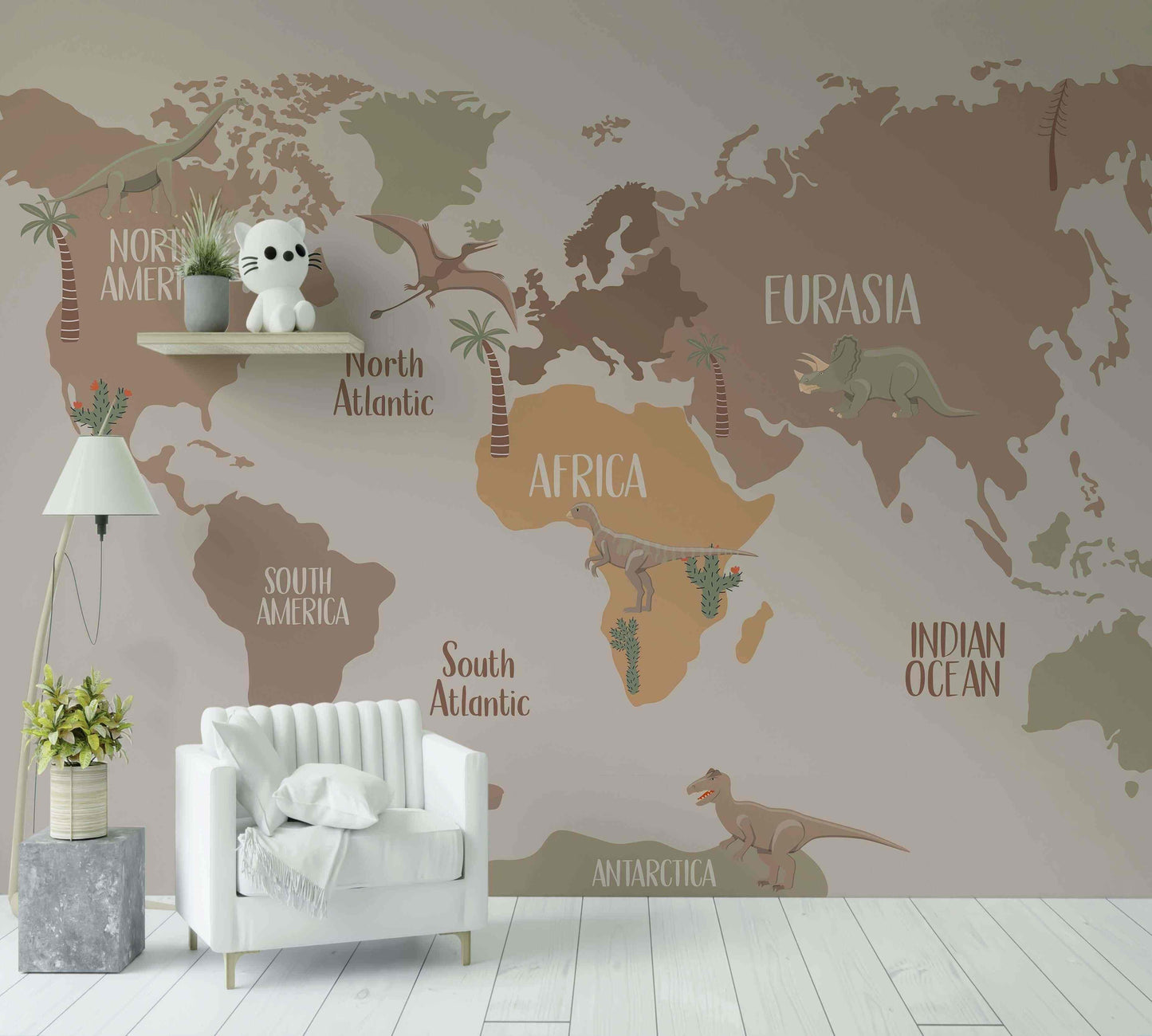 Papier peint carte du monde pour enfant avec dinosaures colorés, décoration murale éducative.